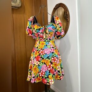 For Love & Lemons Floral Puff-Sleeve Mini Dress in Black Multi